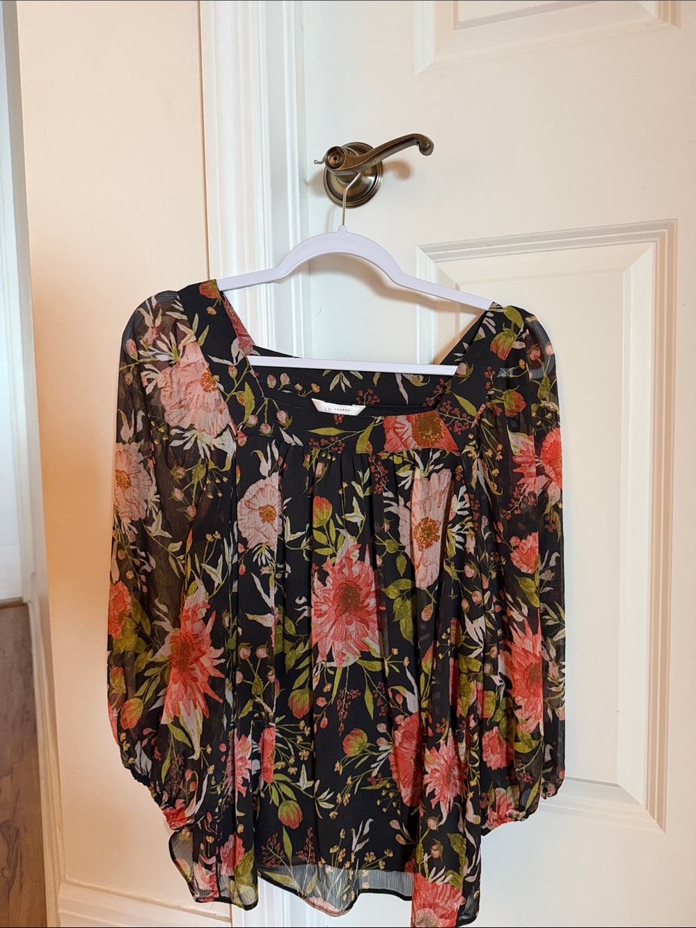 LC Lauren Conrad Black Blouse with Pink and Green Floral Print
